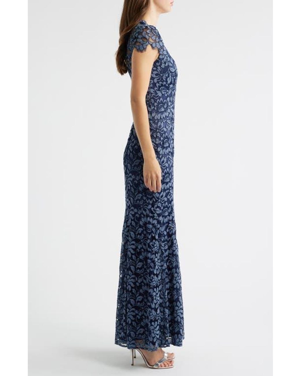 Eliza J Illusion Cap Sleeve Gown in Blue | Lyst