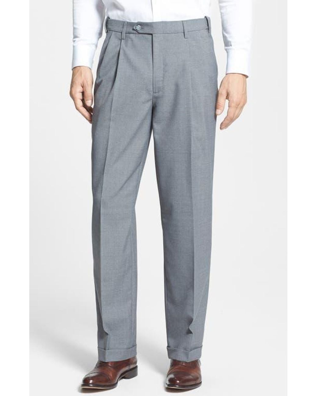 Berle Blue Self Sizer Waist Plain Weave Pleated Washable Trousers for men