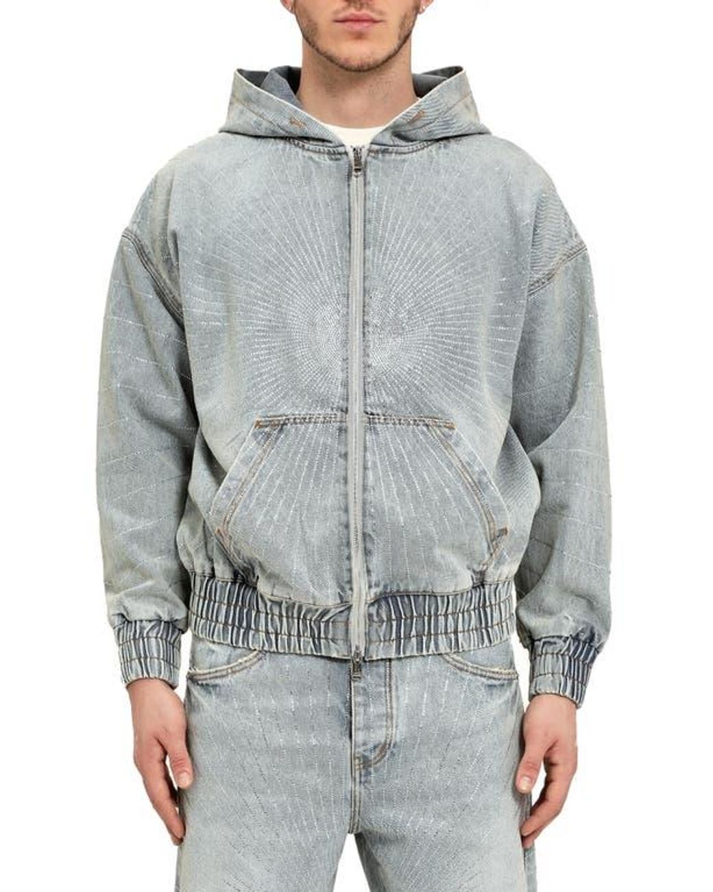 アウターリミッツ　15p Purple Brand Radial Crystal Hotfix Denim Zip Jacket in Gray for
