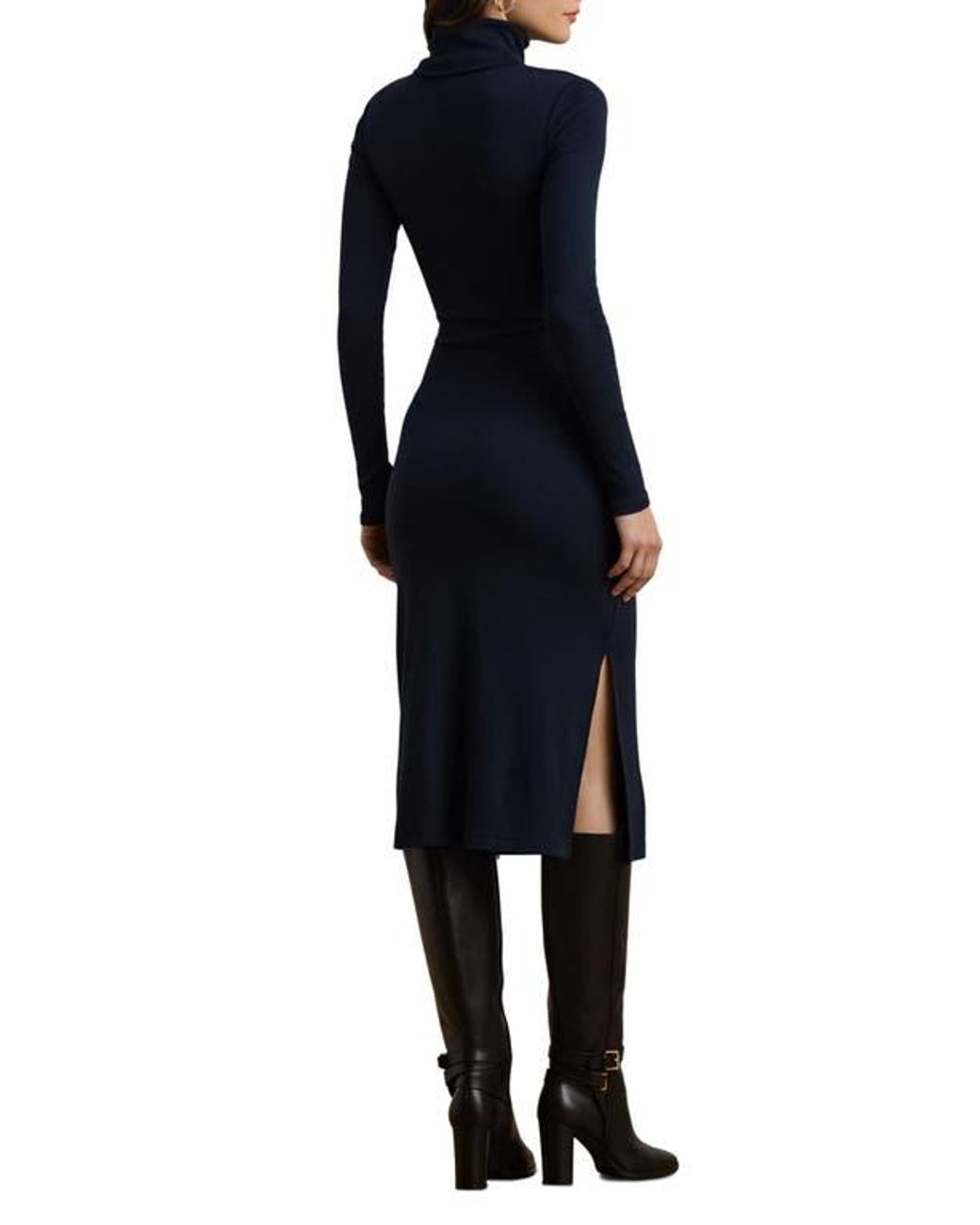 Ralph Lauren Tie Waist Long Sleeve Rib Dress in Blue | Lyst