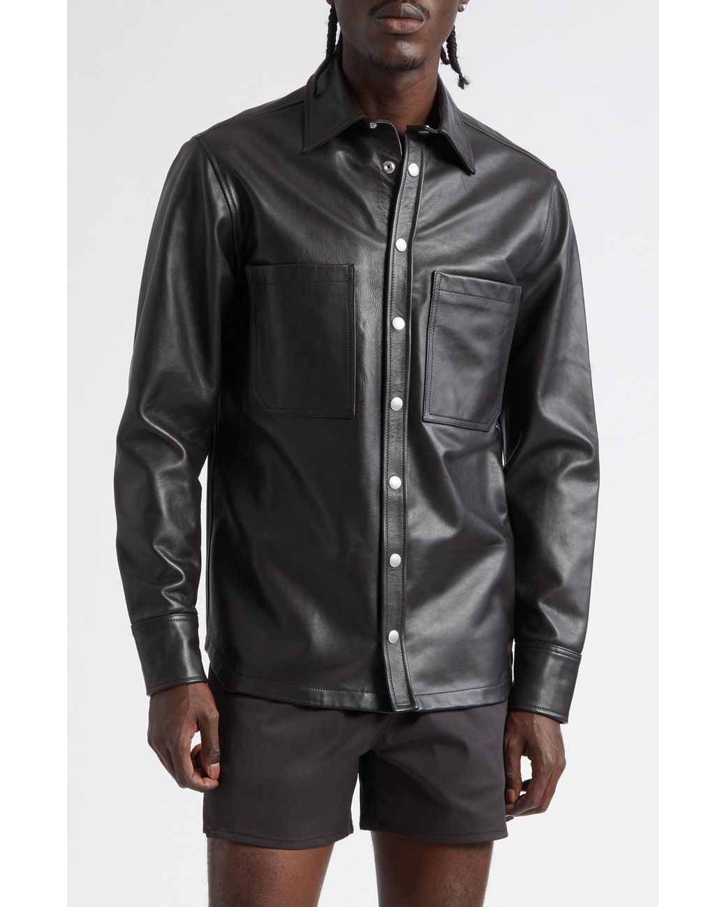 JKEEFER Black Stabb Leather Shirt Jacket for men