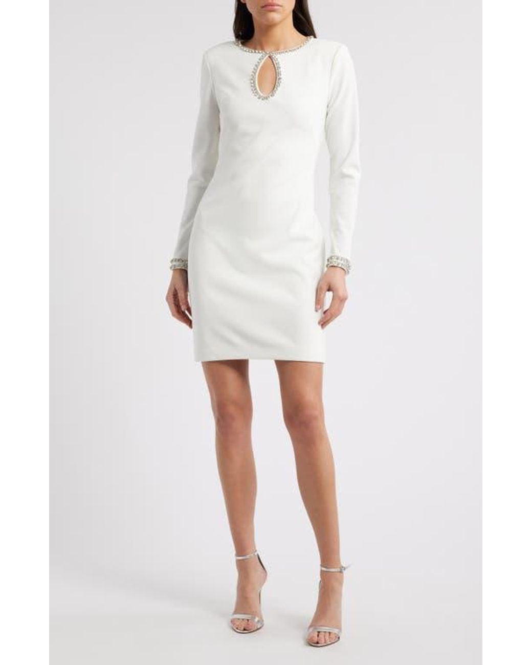 Vince Camuto Embellished Long Sleeve Cocktail Dress in White | Lyst