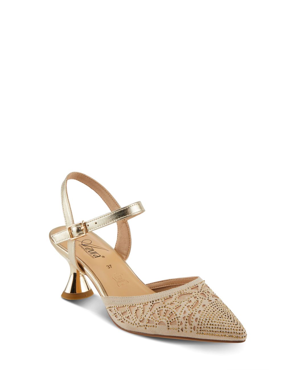 AZURA BY SPRING STEP Metallic Delicate Ankle Strap Pointed Toe Pump