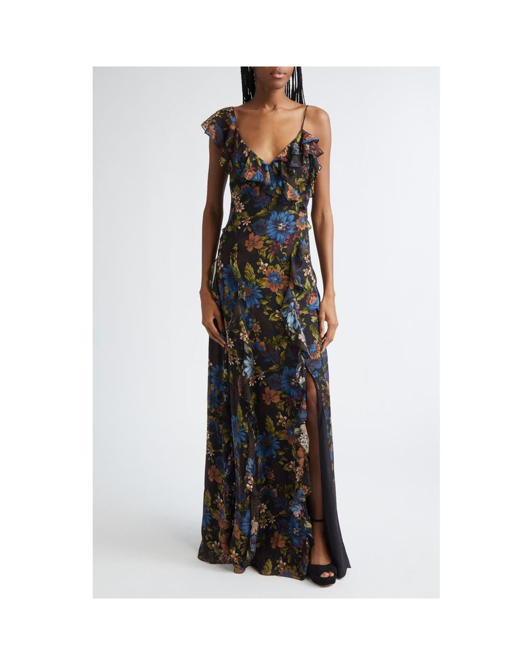 Veronica Beard Madeline Floral Print Ruffle Asymmetric Silk Gown in Black |  Lyst