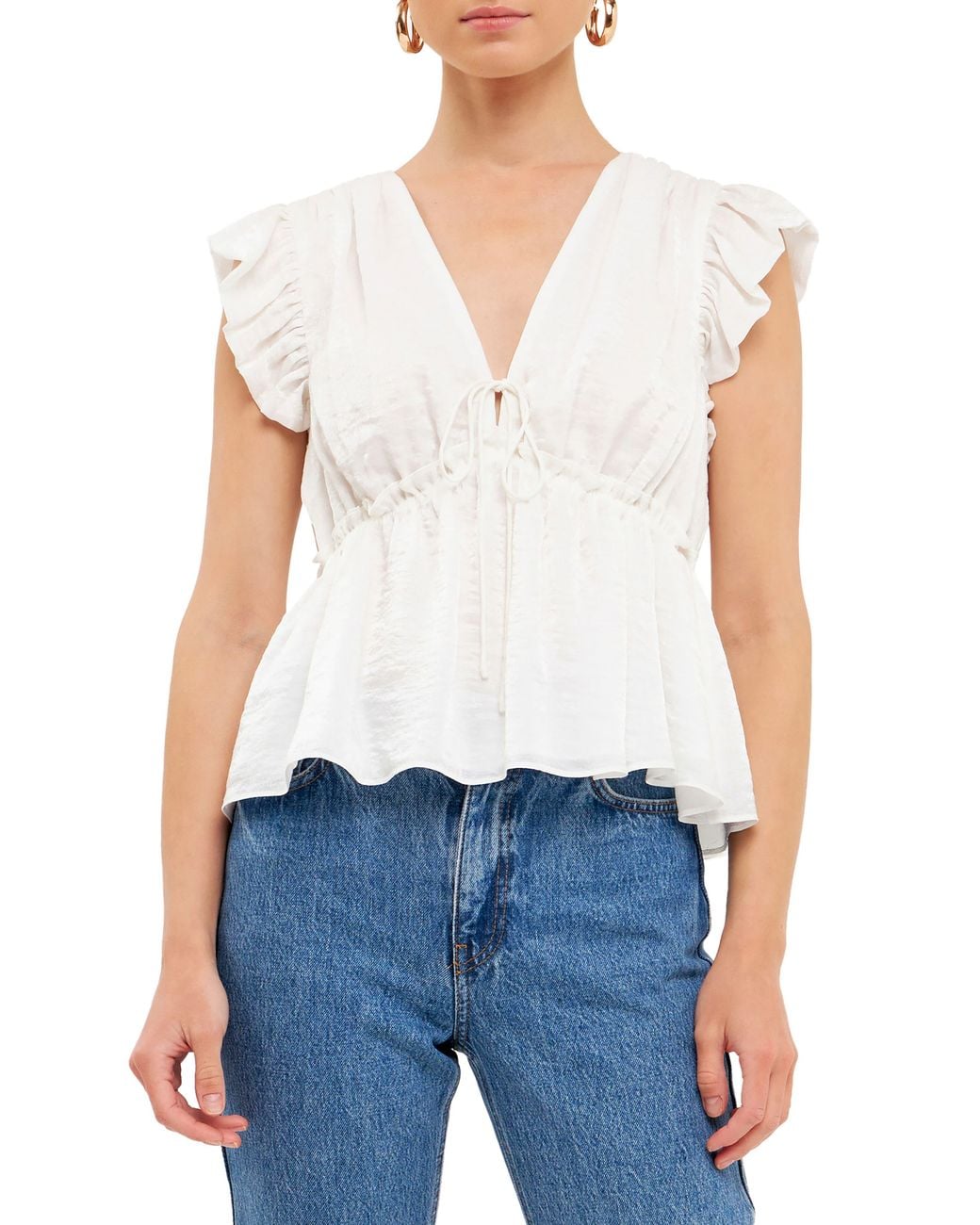 Endless Rose Blue Flutter Sleeve Tie Neck Blouse