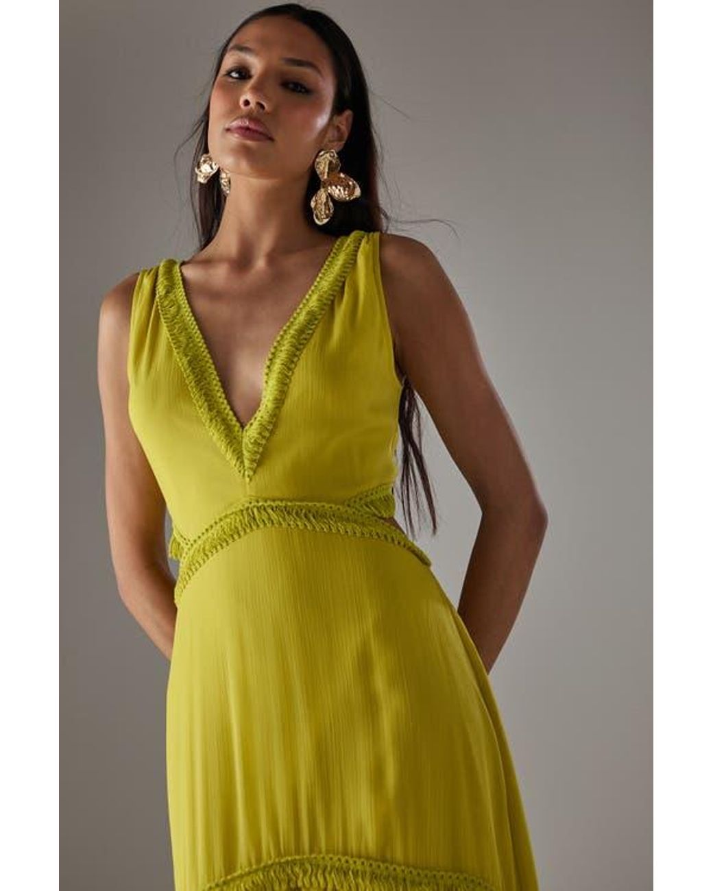 Warehouse Yellow Chiffon Fringe Trim Cut Out Maxi Dress