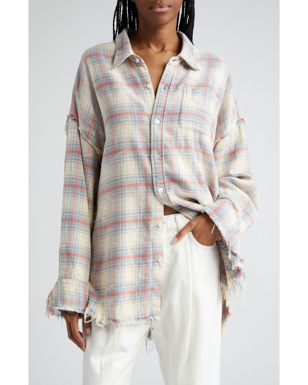 R13 Shredded Seam Drop Neck Oversize Plaid Cotton Button-up R13 Shredded Seam Drop Neck Oversize Plaid Cotton Button-up