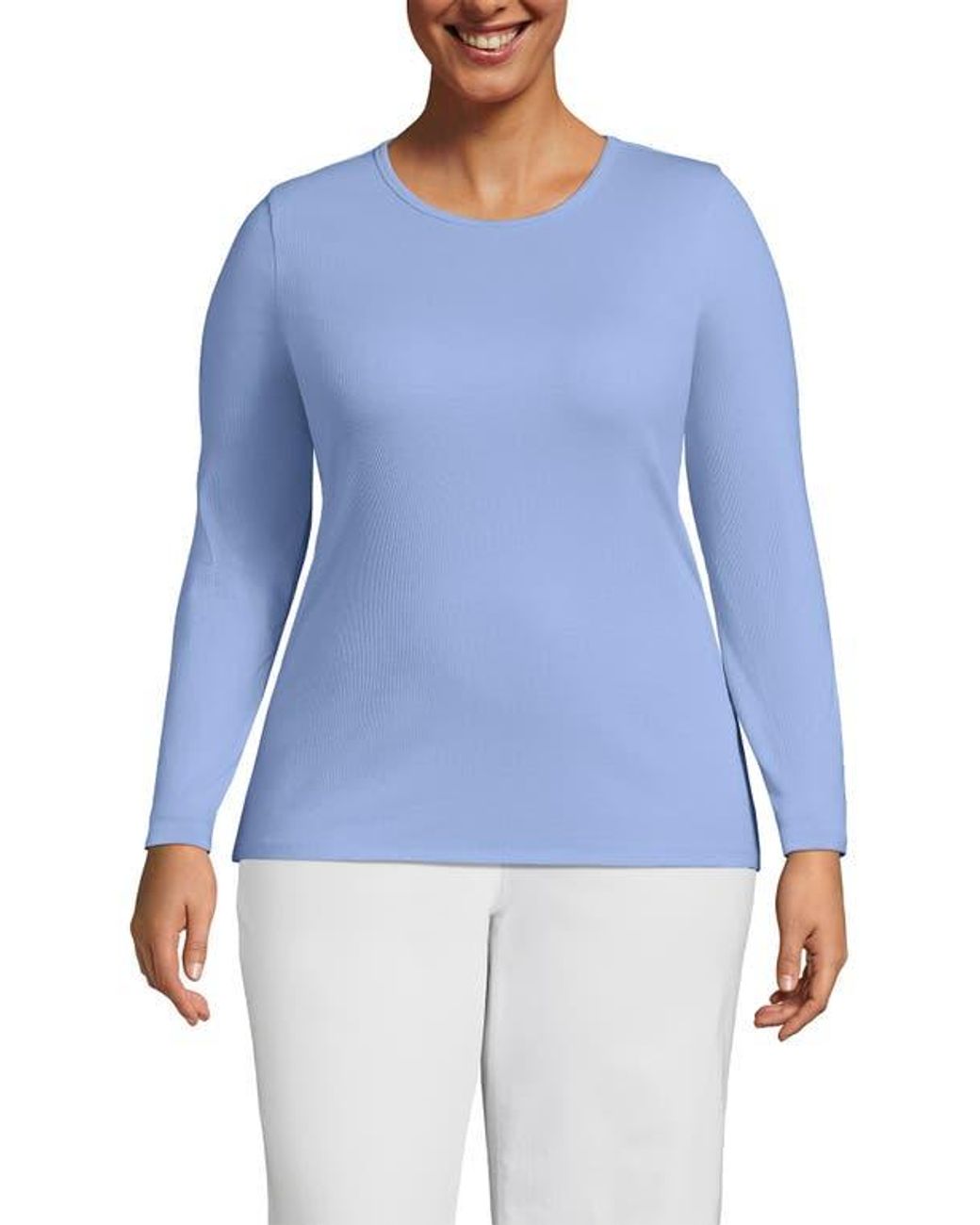 Lands' End Plus Size Long Sleeve Micro Rib T-Shirt in Blue | Lyst