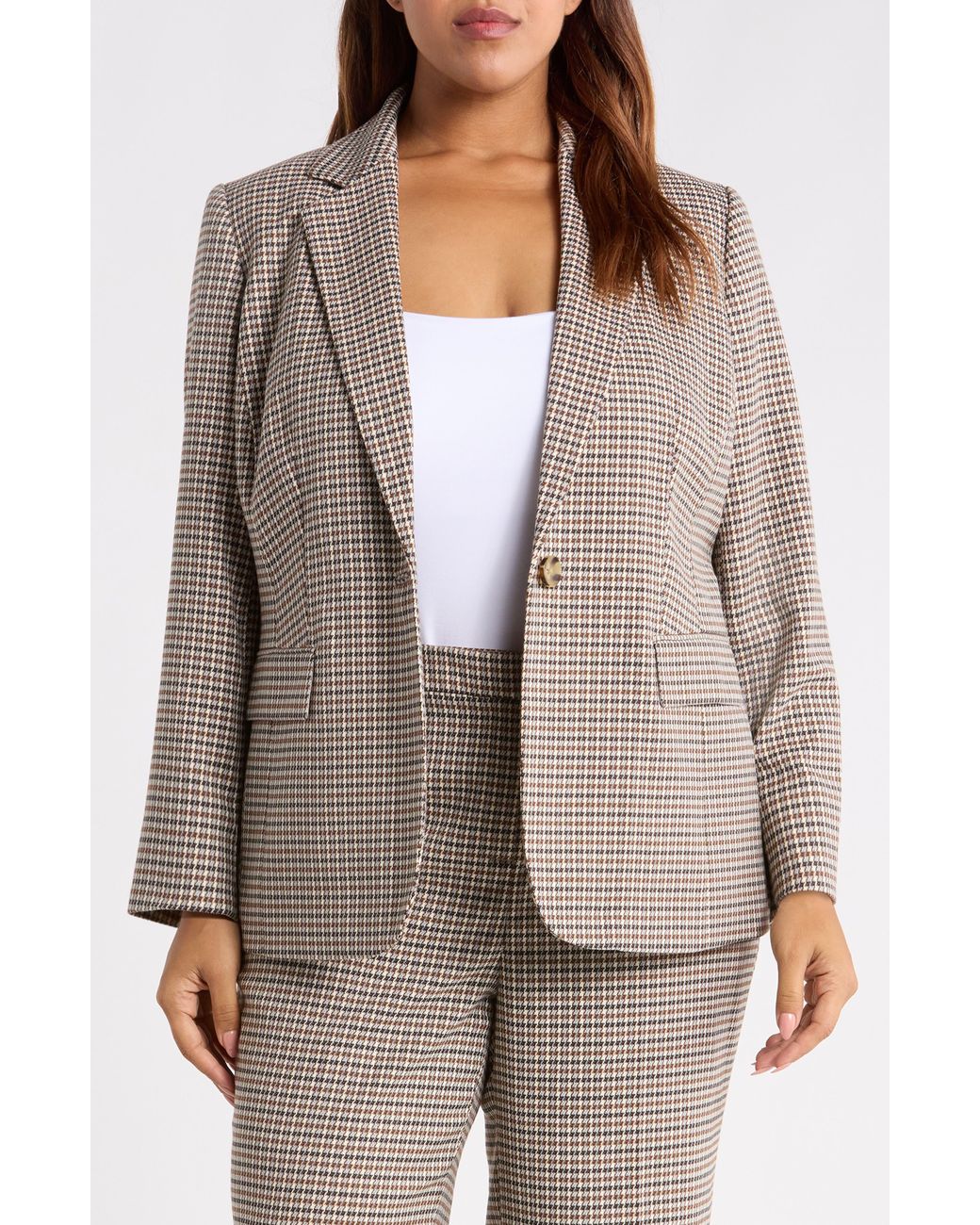 Anne Klein Brown Houndstooth One Button Blazer