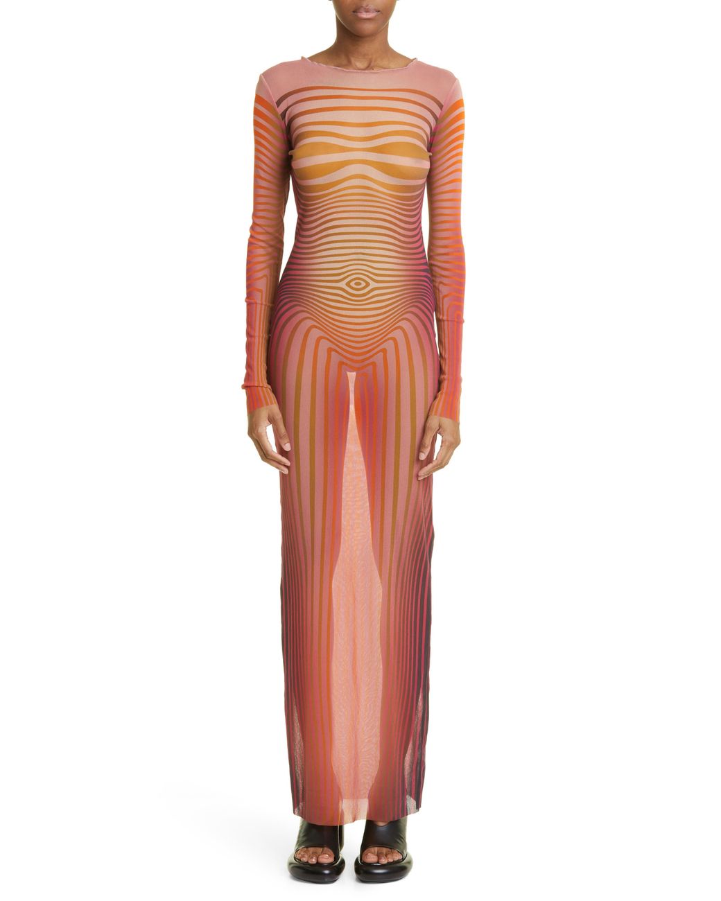 Jean Paul Gaultier The Red Body Morphing Stripe Long Sleeve Tulle Maxi ...