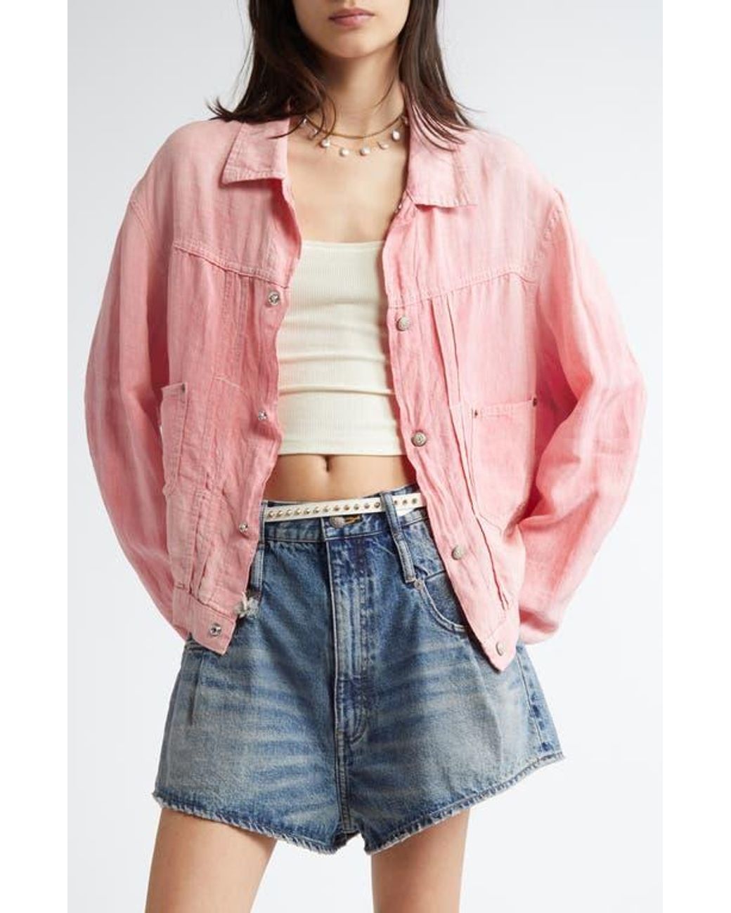 R13 Relaxed Pleated Linen Trucker Jacket in Red | Lyst display picture 3