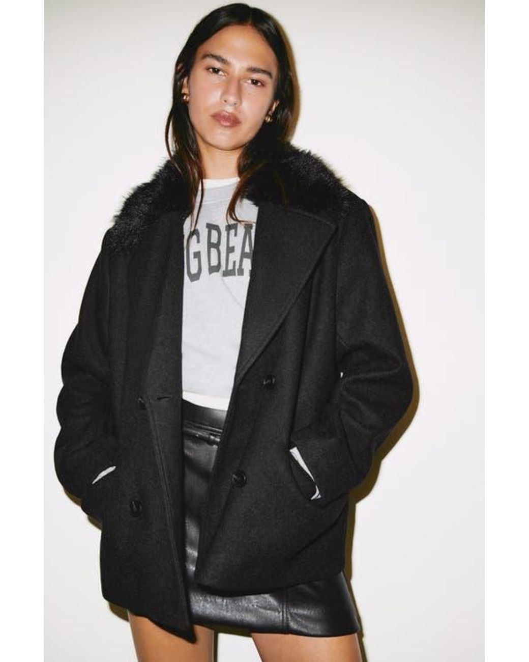 H&M Black Fluffy-Collared Pea Coat