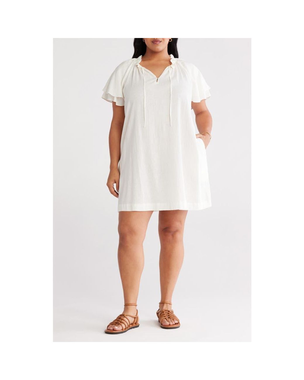 Treasure & Bond Flutter Sleeve Linen Blend Shift Dress in White | Lyst