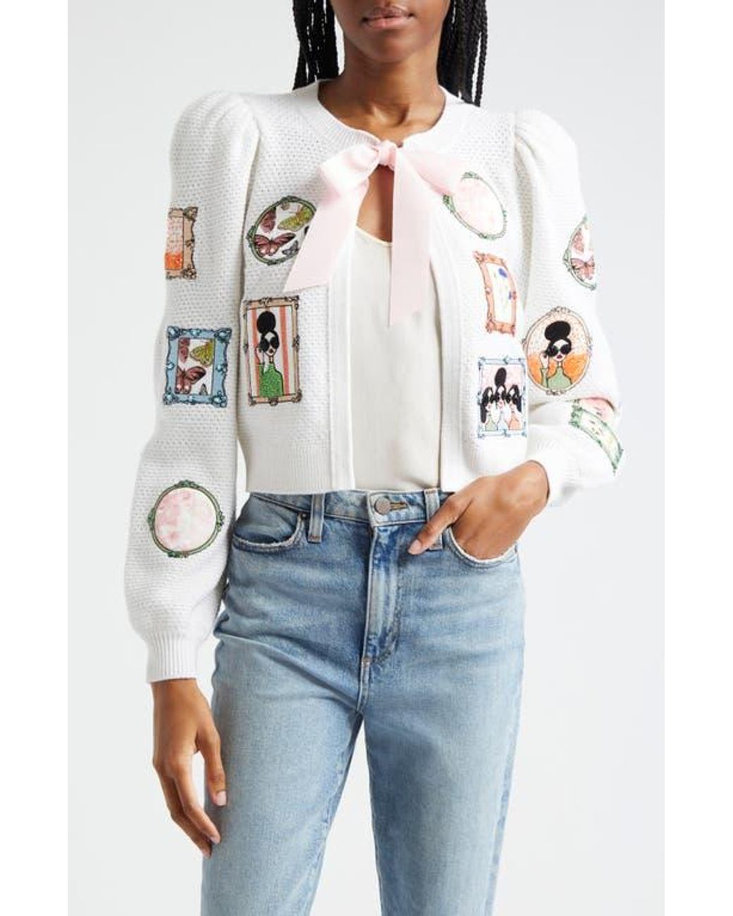 Alice + Olivia Kitty Stace Face Frame Wool Blend Cardigan in