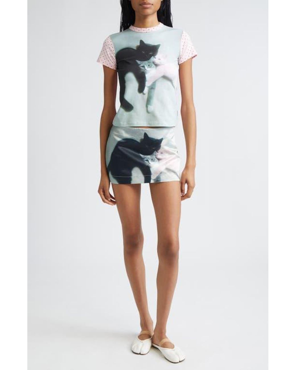 Ashley Williams Kitten Trio Polka Dot Baby Tee in Gray | Lyst