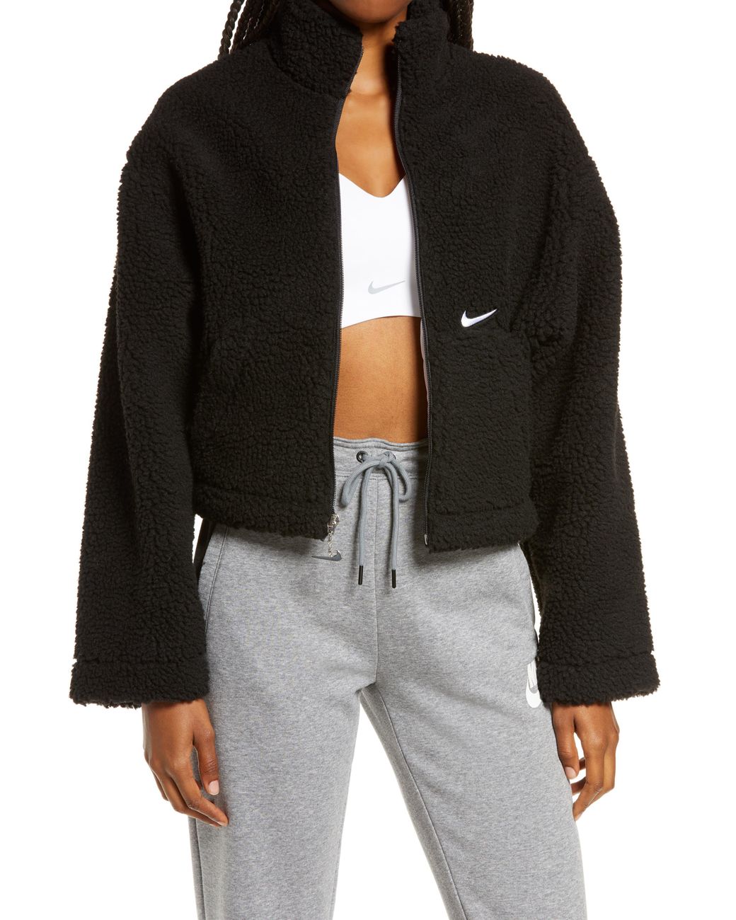 Nike Swoosh Faux Fur Jacket in Black Lyst