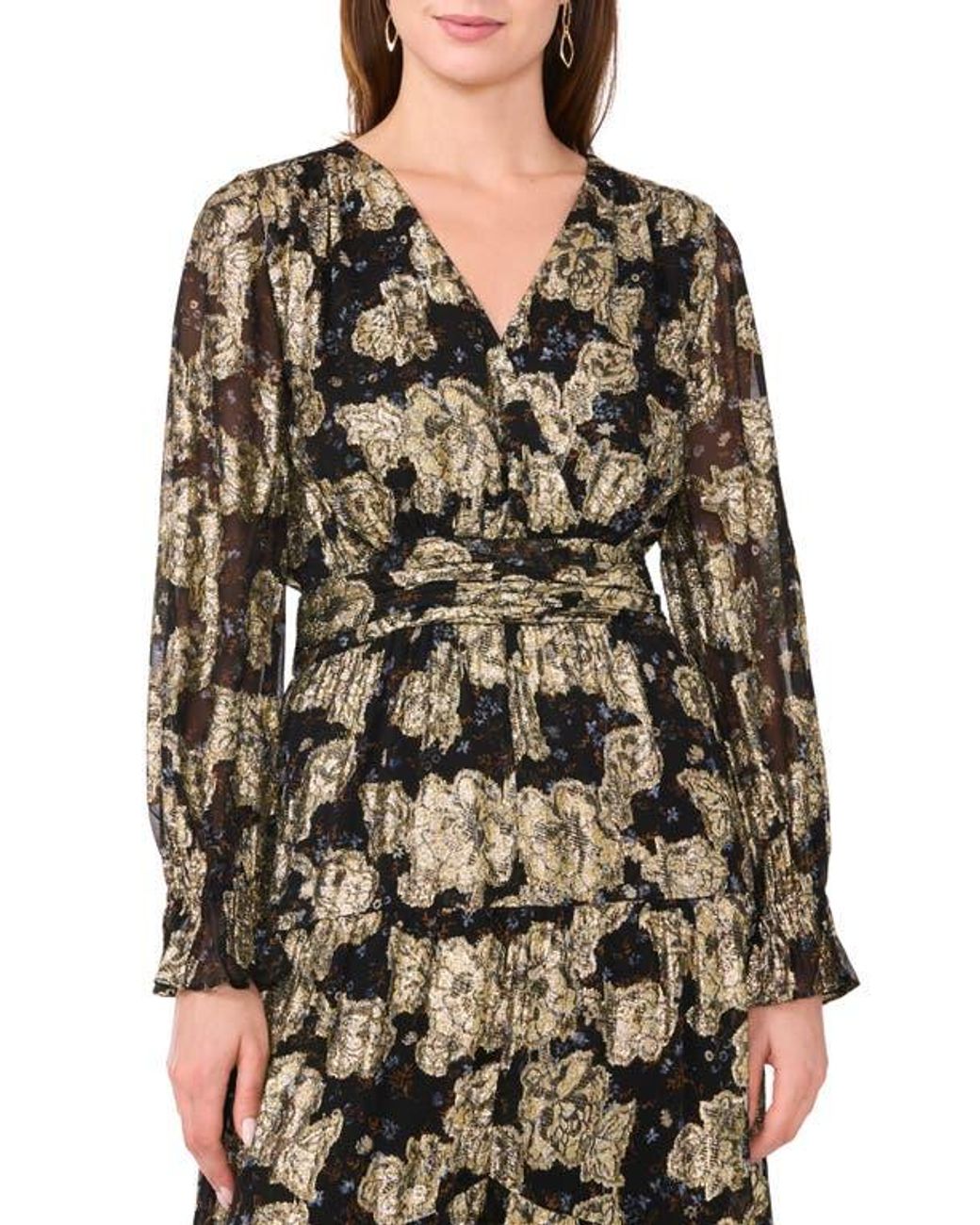 Halogen Metallic Floral Long Sleeve Maxi Dress in Green | Lyst