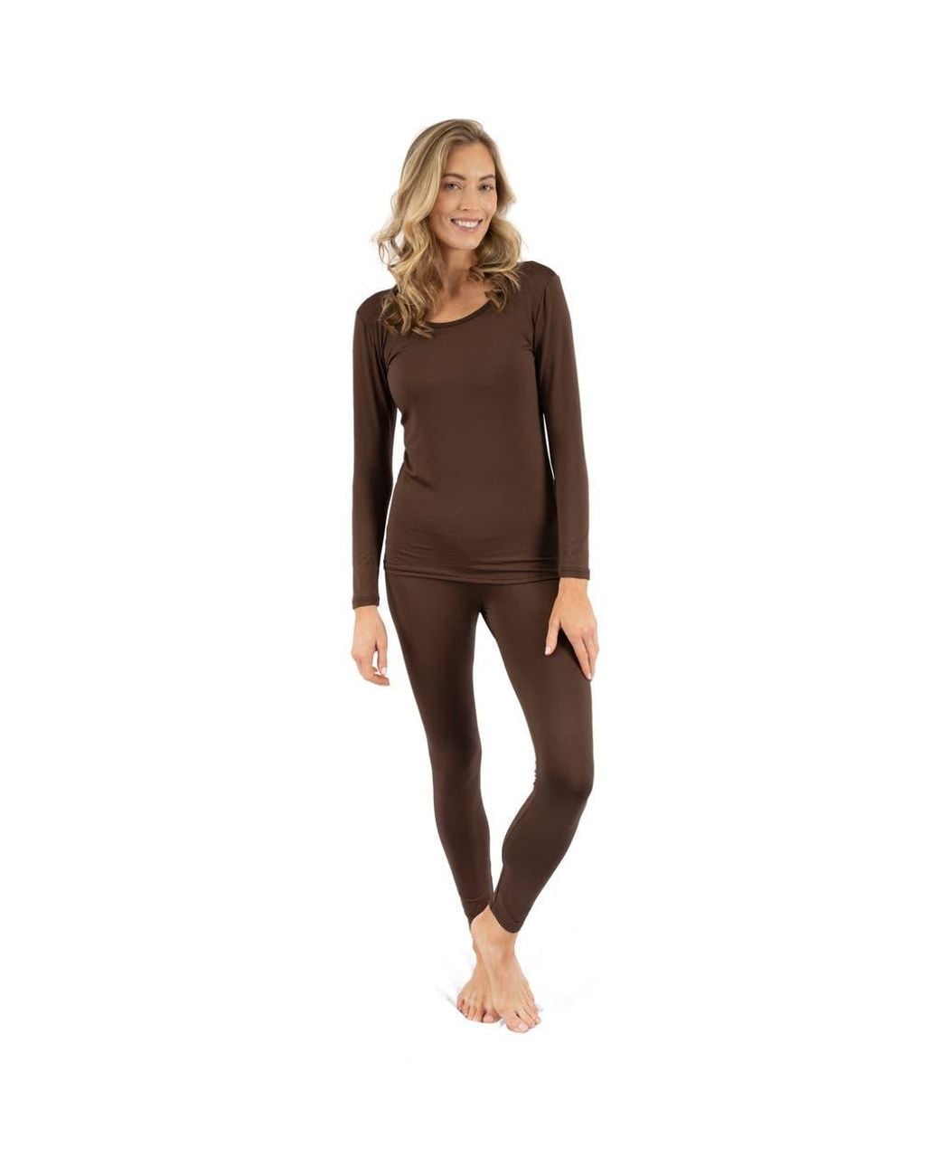 Leveret Brown Two-Piece Thermal Long Sleeve Solid Pajamas