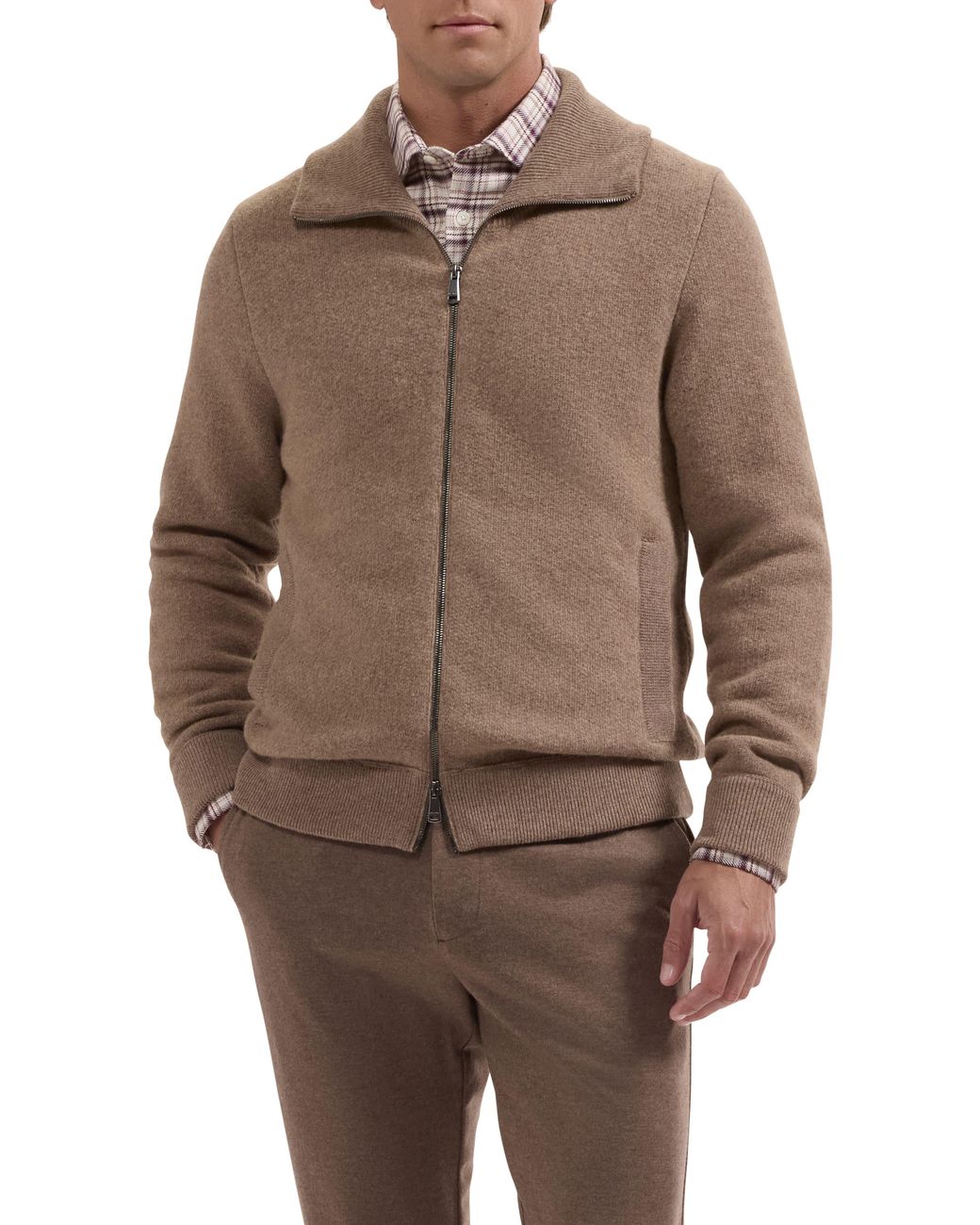 Bugatchi Brown Wool Blend Full Zip Sweater Jacket for men