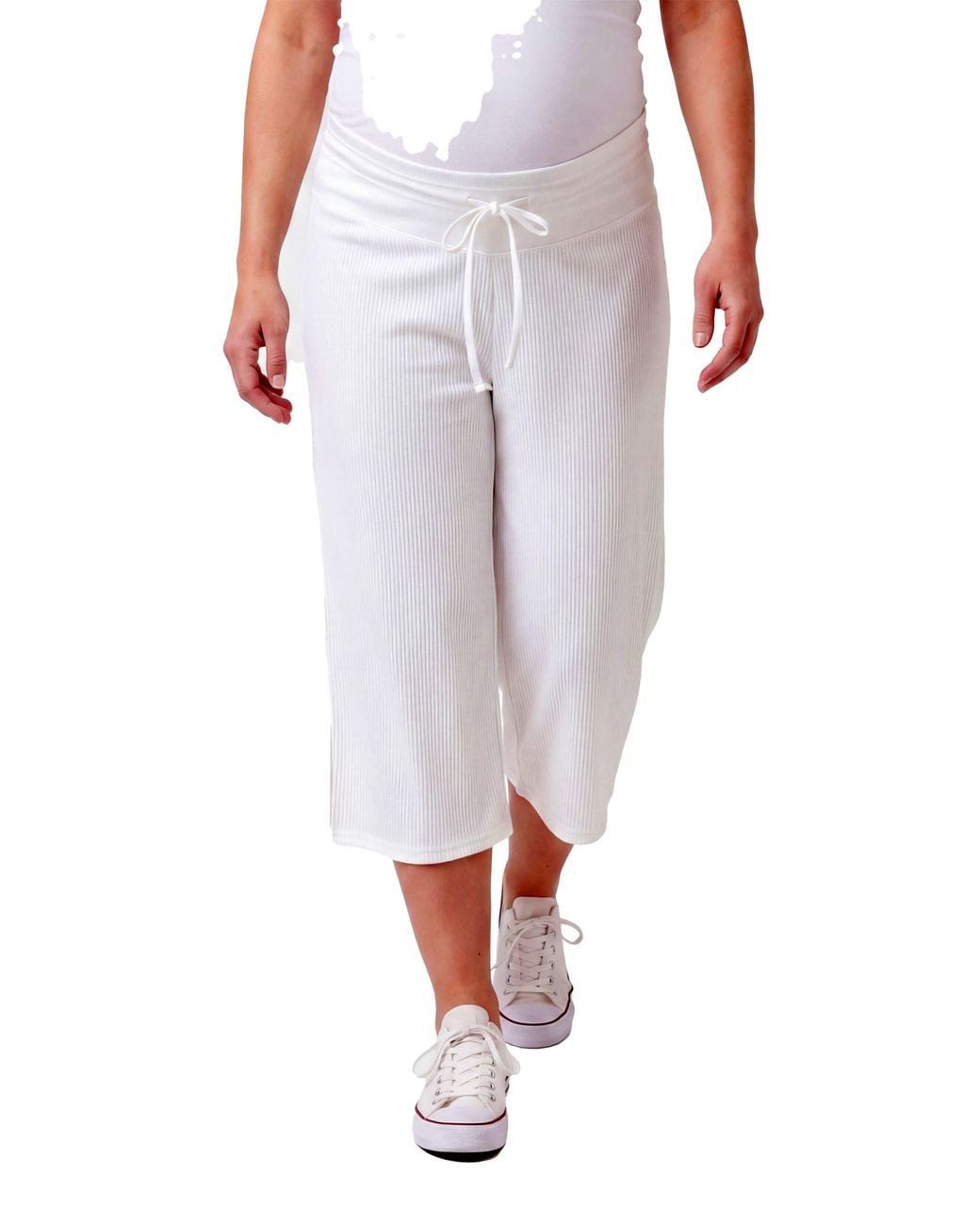 24seven Comfort Apparel White Maternity Basic Ribbed Knit Drawstring Flared Capri Pants
