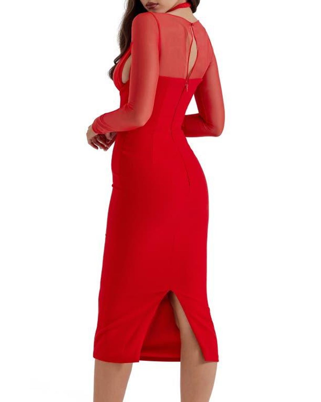 House Of Cb Yasmin Long Sleeve Body-Con Midi Cocktail Dress in Red | Lyst