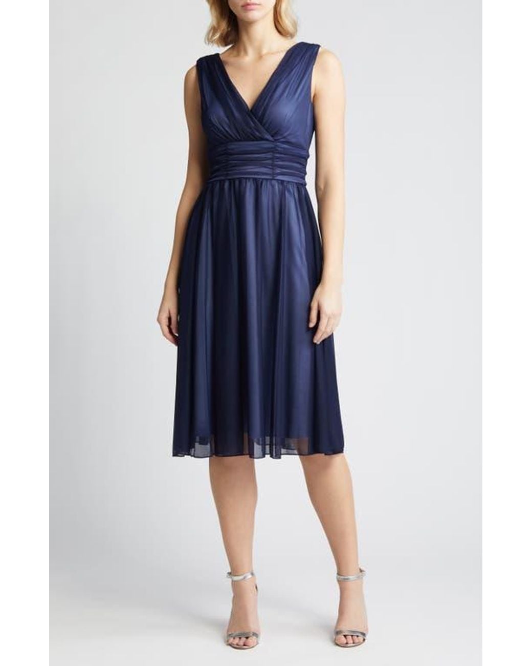 Connected Apparel Blue Chiffon Overlay Fit & Flare Dress