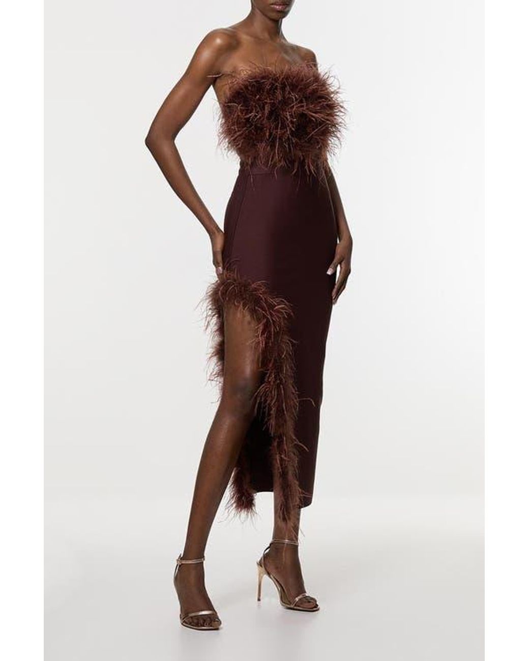 Karen Millen Feather Detail Bandeau Knit Midi Dress in Brown | Lyst