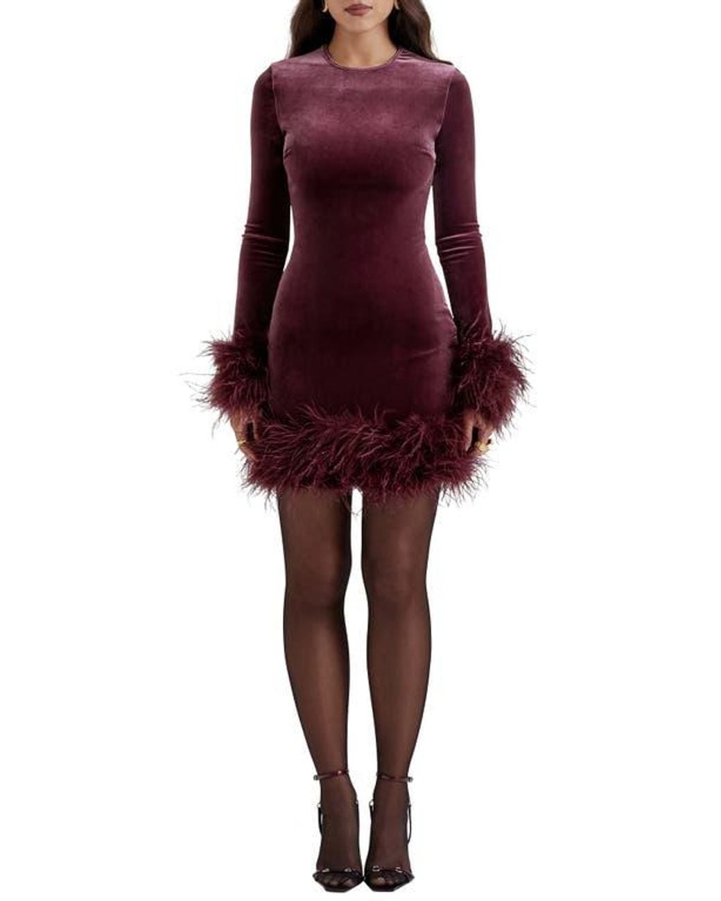 House Of Cb Lavinia Feather Trim Long Sleeve Velvet Body-Con Cocktail  Minidress in Red | Lyst