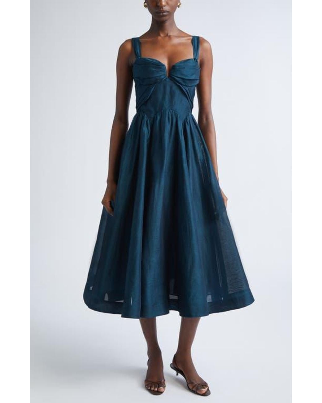 Zimmermann Rebellion Draped Linen & Silk Fit & Flare Midi Dress in Blue | Lyst Zimmermann Rebellion Draped Linen & Silk Fit & Flare Midi Dress in Blue | Lyst