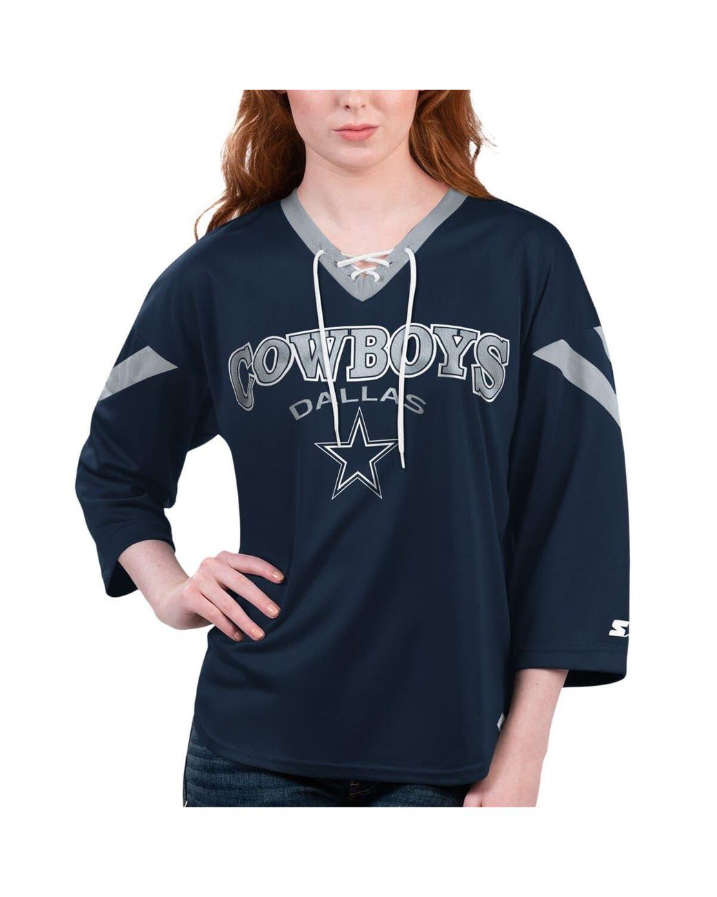 Dallas Cowboys Womens Lace up V-Neck Sweatshirt Long Sleeve Off