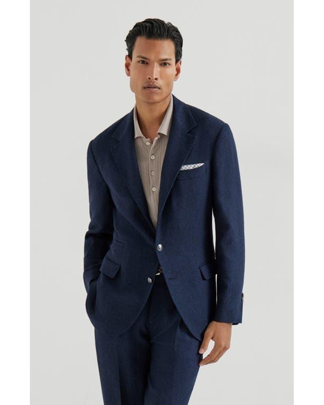 Brunello Cucinelli Blue Hopsack Deconstructed Blazer for men