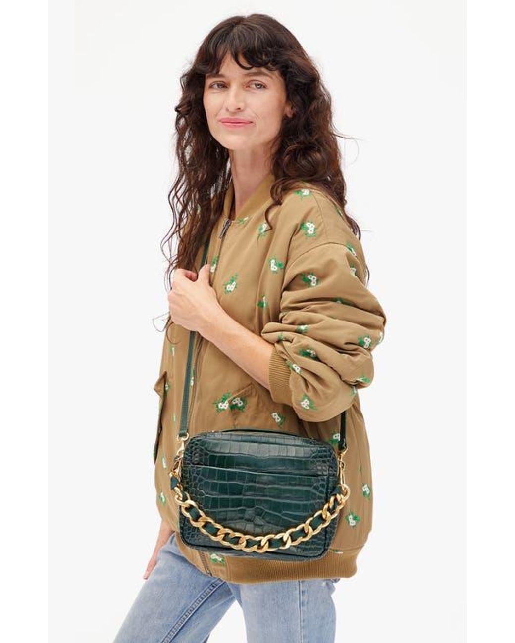 Clare V. Mirabel Croc Embossed Leather Crossbody Bag in Green | Lyst