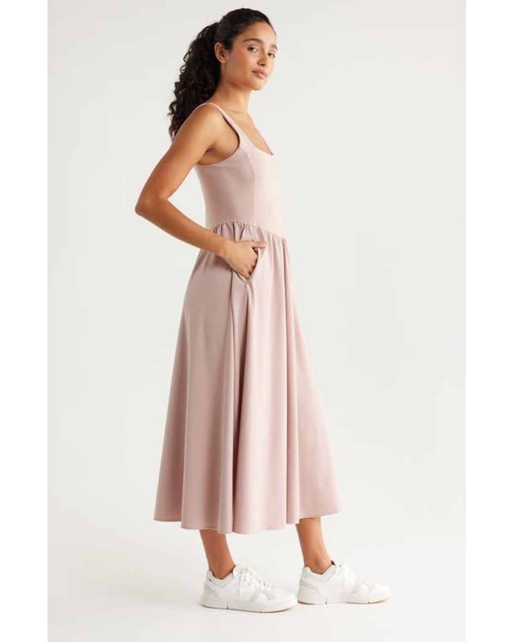Zella Effortless Square Neck Midi Dress in Pink | Lyst