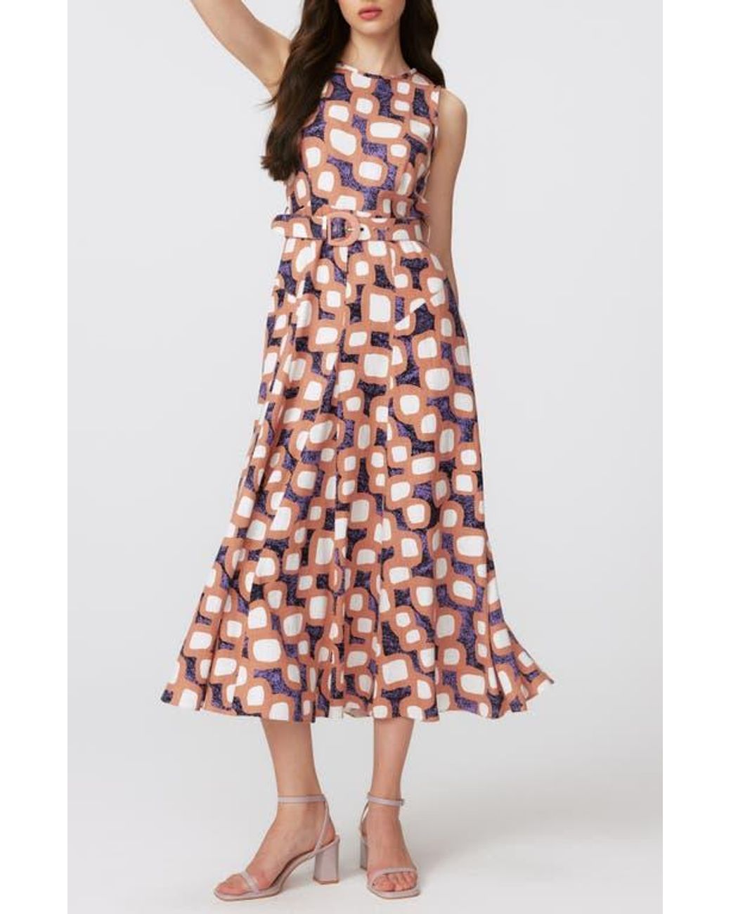 Diane von Furstenberg White Elliott Abstract Print Sleeveless Midi Dress