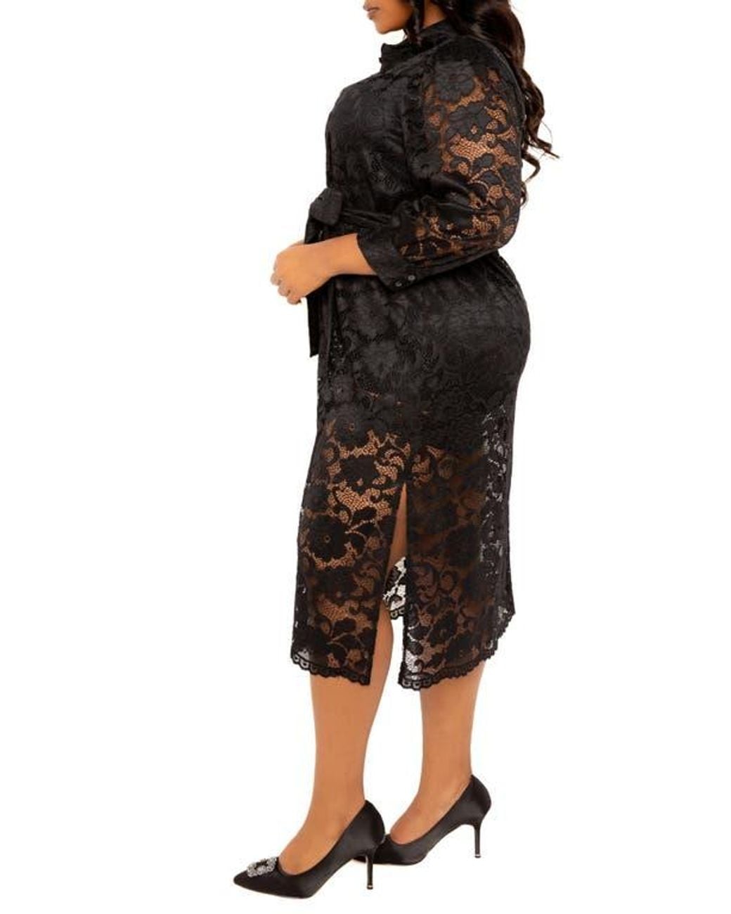 Buxom Couture Floral Tie Belt Lace Midi Shirtdress in Black | Lyst