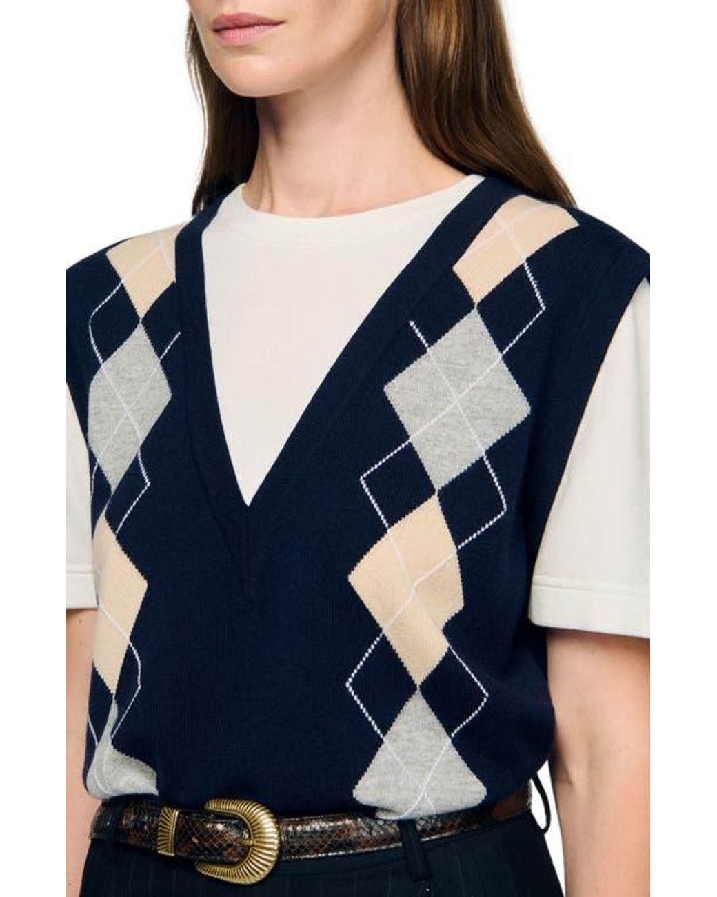 Sandro Blue Argyle Layered Effect Sweater
