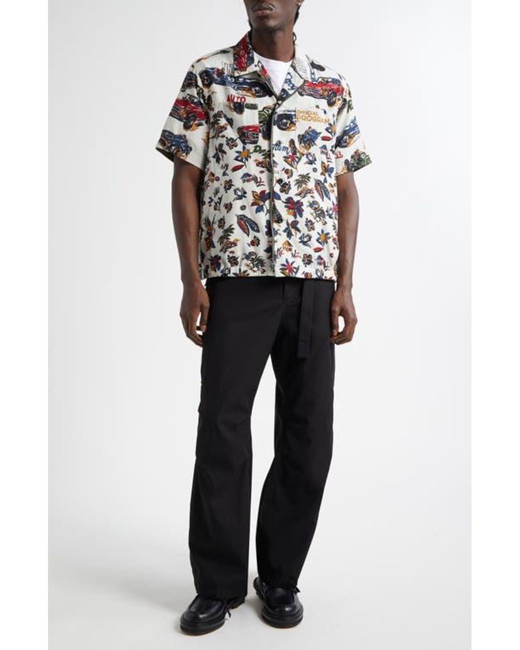 Sacai Car Race & Tropical Print Button-Up Shirt in Blue for