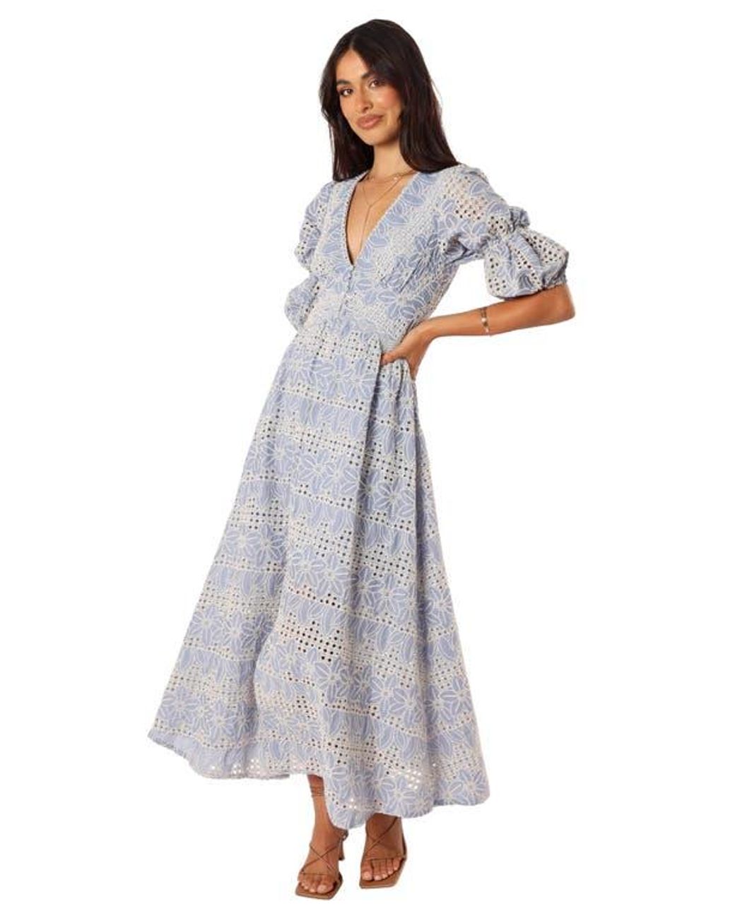 tani eyelet puff sleeve cotton blend maxi dress Petal & Pup Tani Eyelet Puff Sleeve Cotton Blend Maxi Dress in Blue