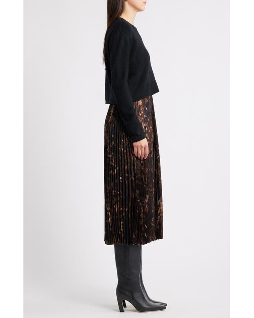 Halogen Mixed Media Long Sleeve Dress in Black | Lyst