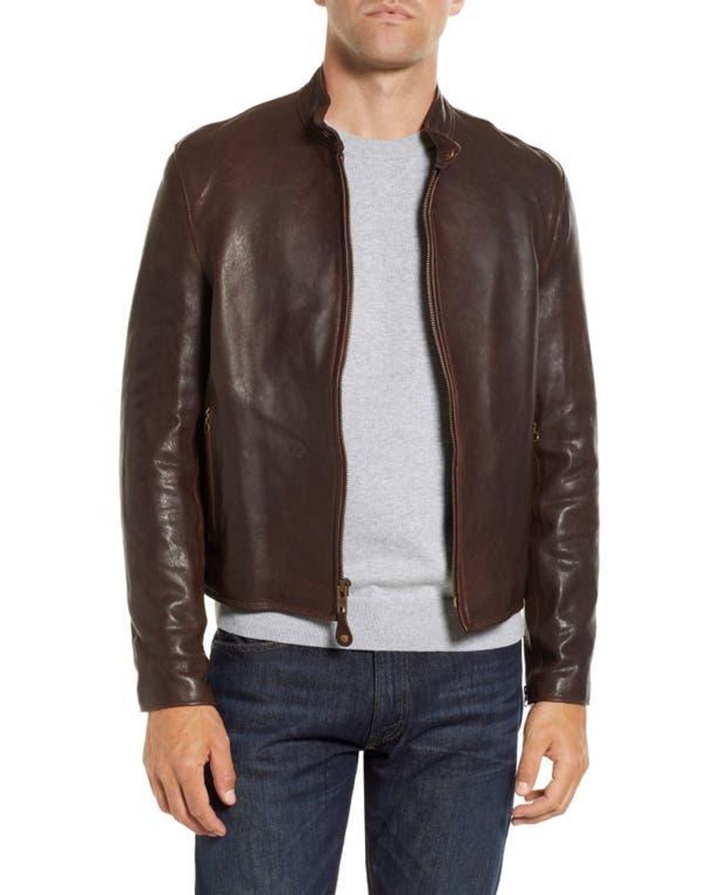 Schott Nyc Brown Leather Moto Jacket for men