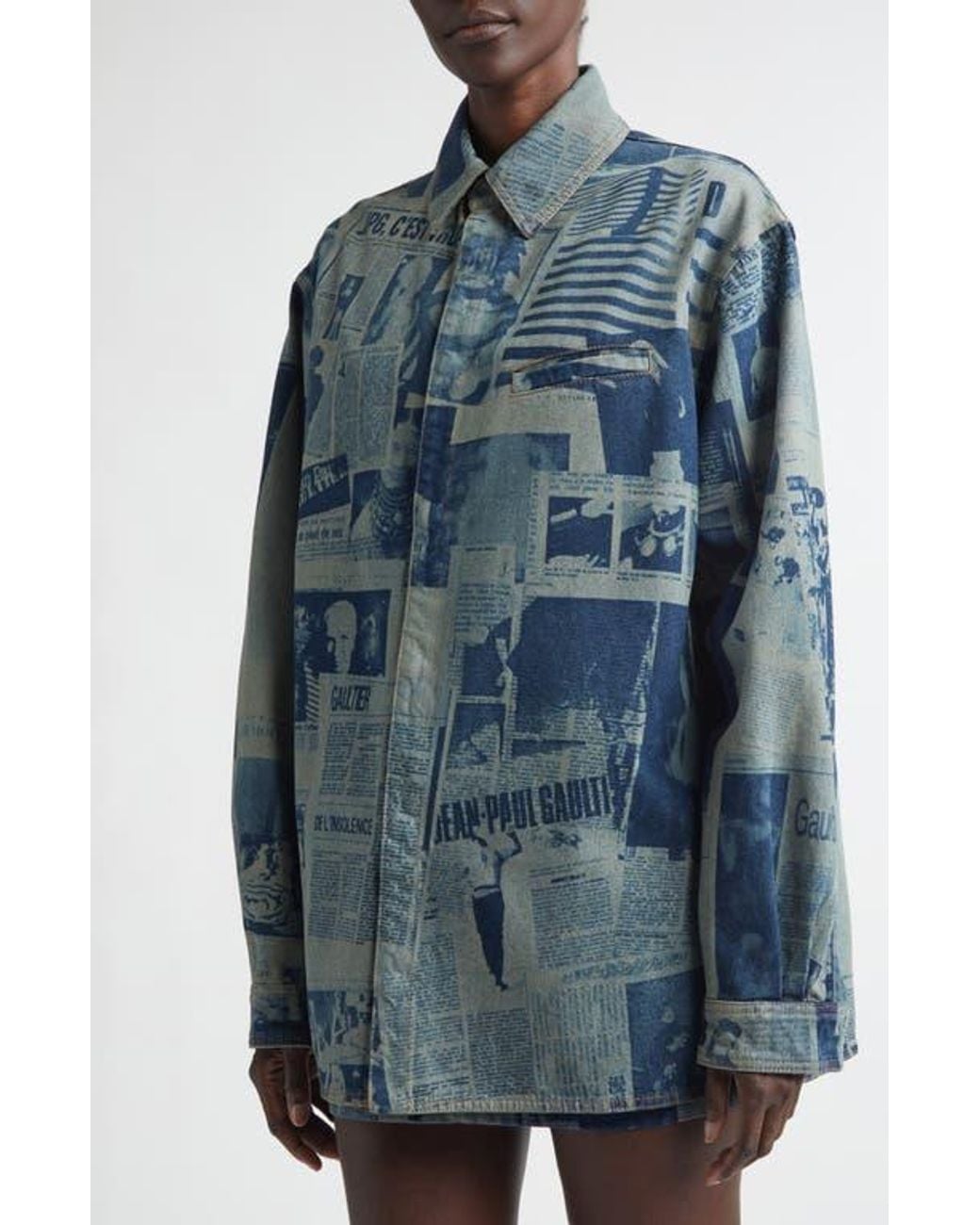 Jean Paul Gaultier Blue Newspaper Print Denim Button-Up Shirt