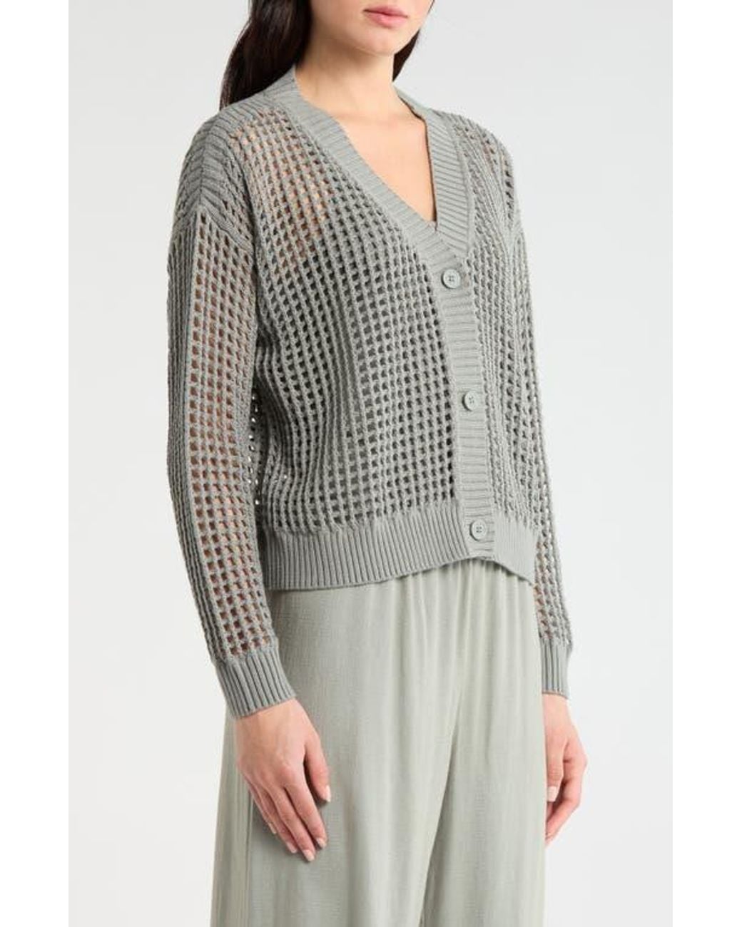 Splendid Gray Camellia Openwork V-Neck Cotton Blend Cardigan