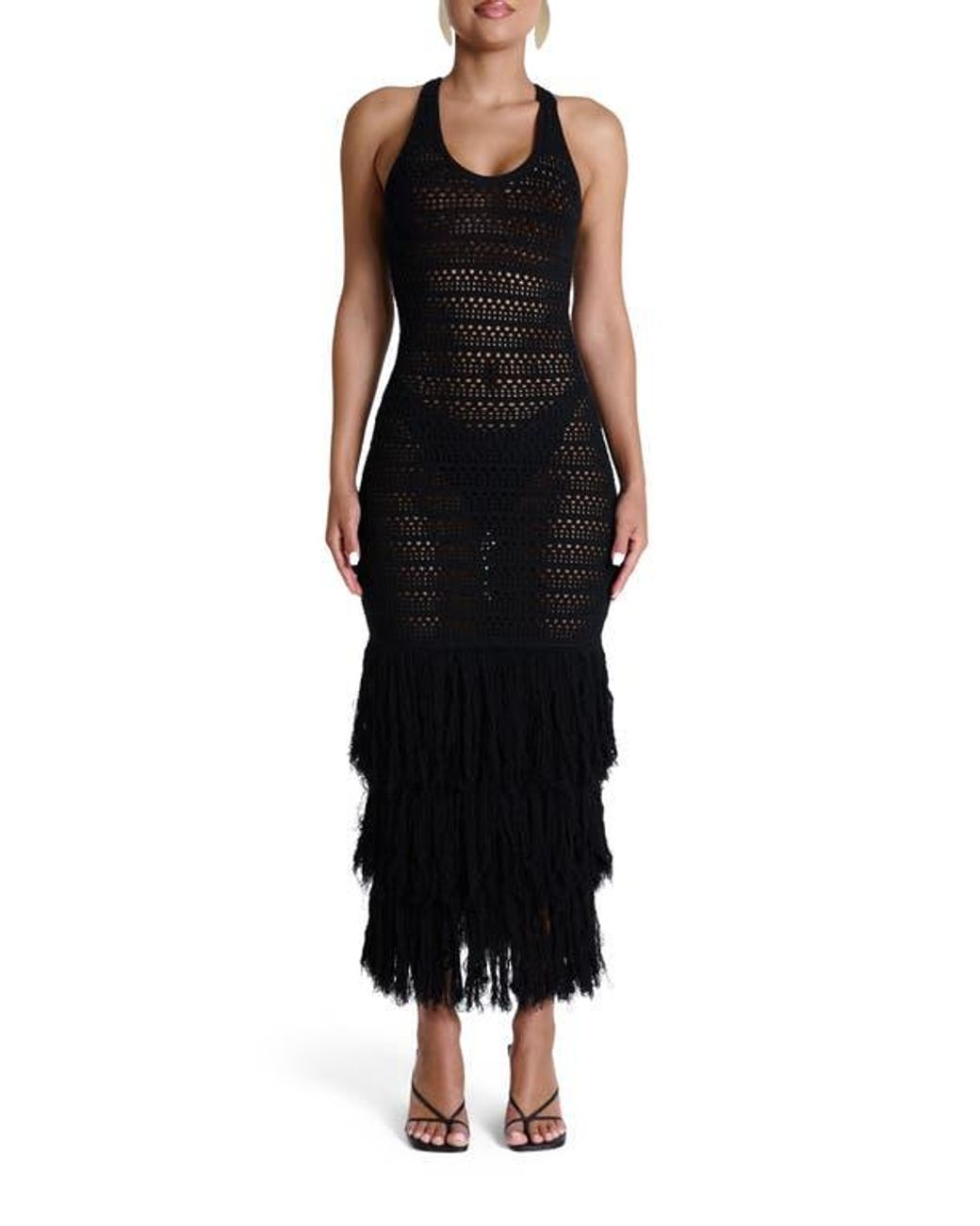 Naked Wardrobe Open Stitch Fringe Midi Dress in Black | Lyst