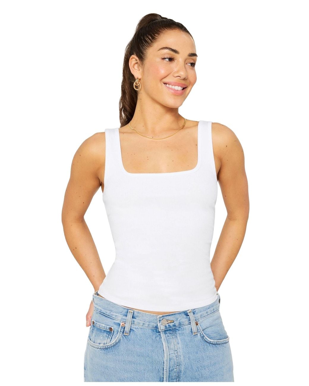 Fabletics White Daily Rib Square Neck Tank