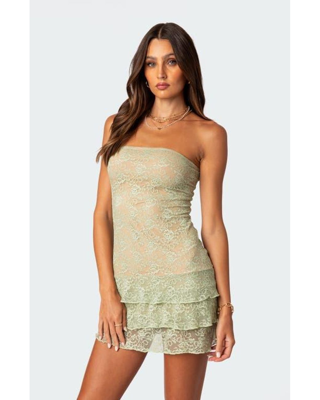 knee length dresses for ladies Edikted Women's Melia Sheer Lace Mini Dress - Black main image 1