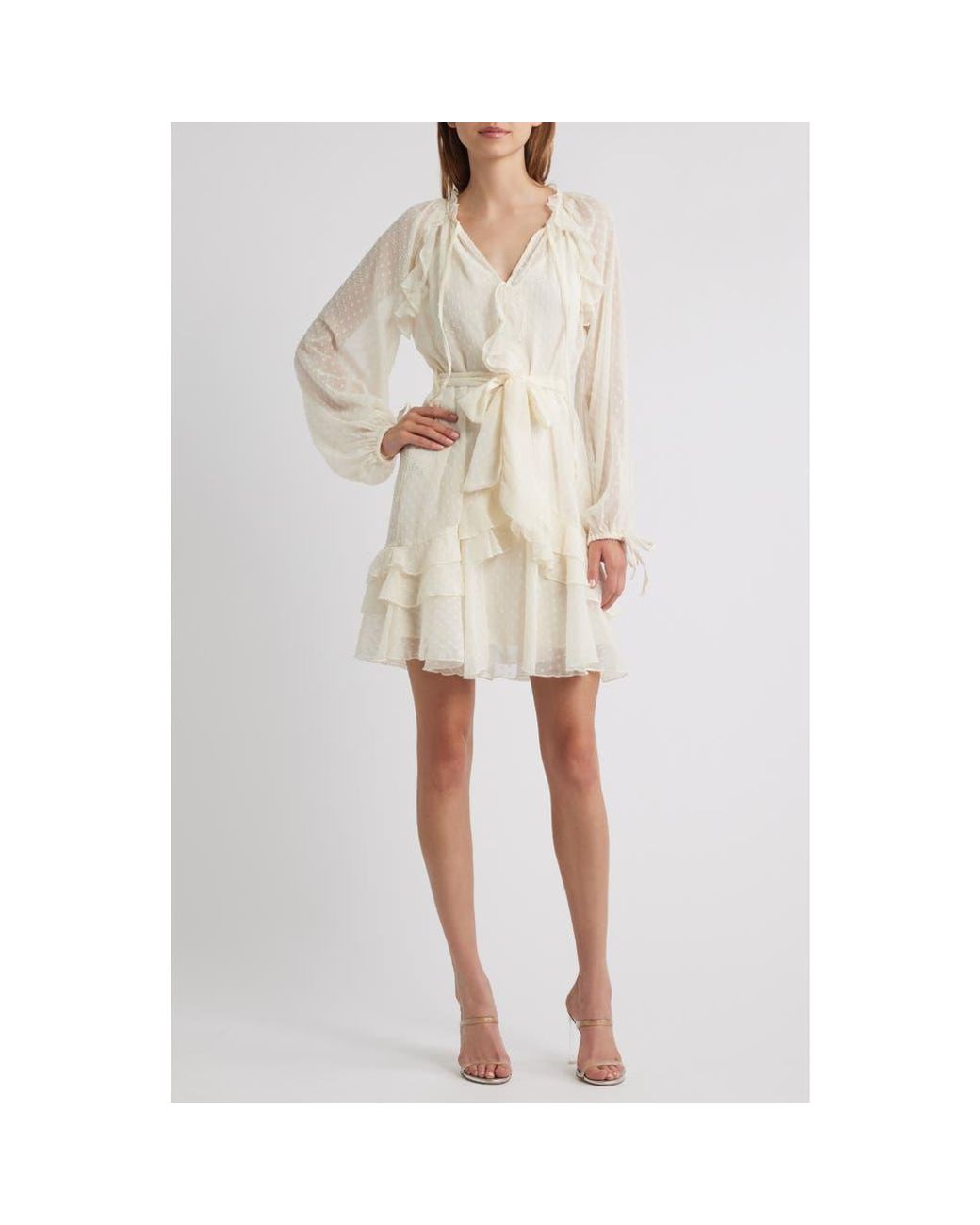 Lipsy Dotty Ruffle Tie Waist Long Sleeve Dress in Natural | Lyst