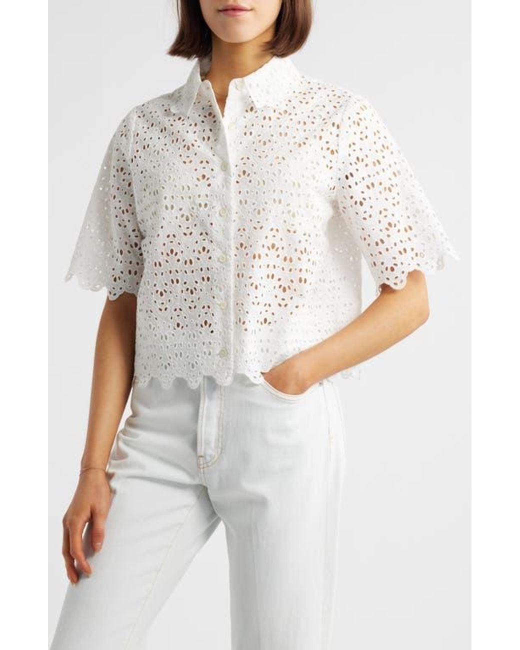 FRAME The Deco Cotton Eyelet Button-Up Shirt in White | Lyst