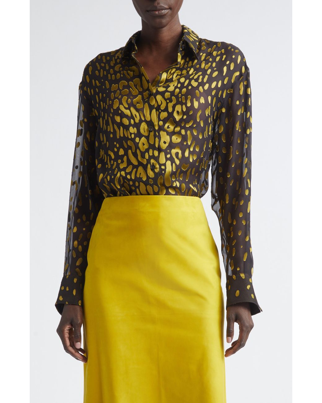 Ferragamo Yellow Devoré Silk Blend Georgette Button-Up Shirt