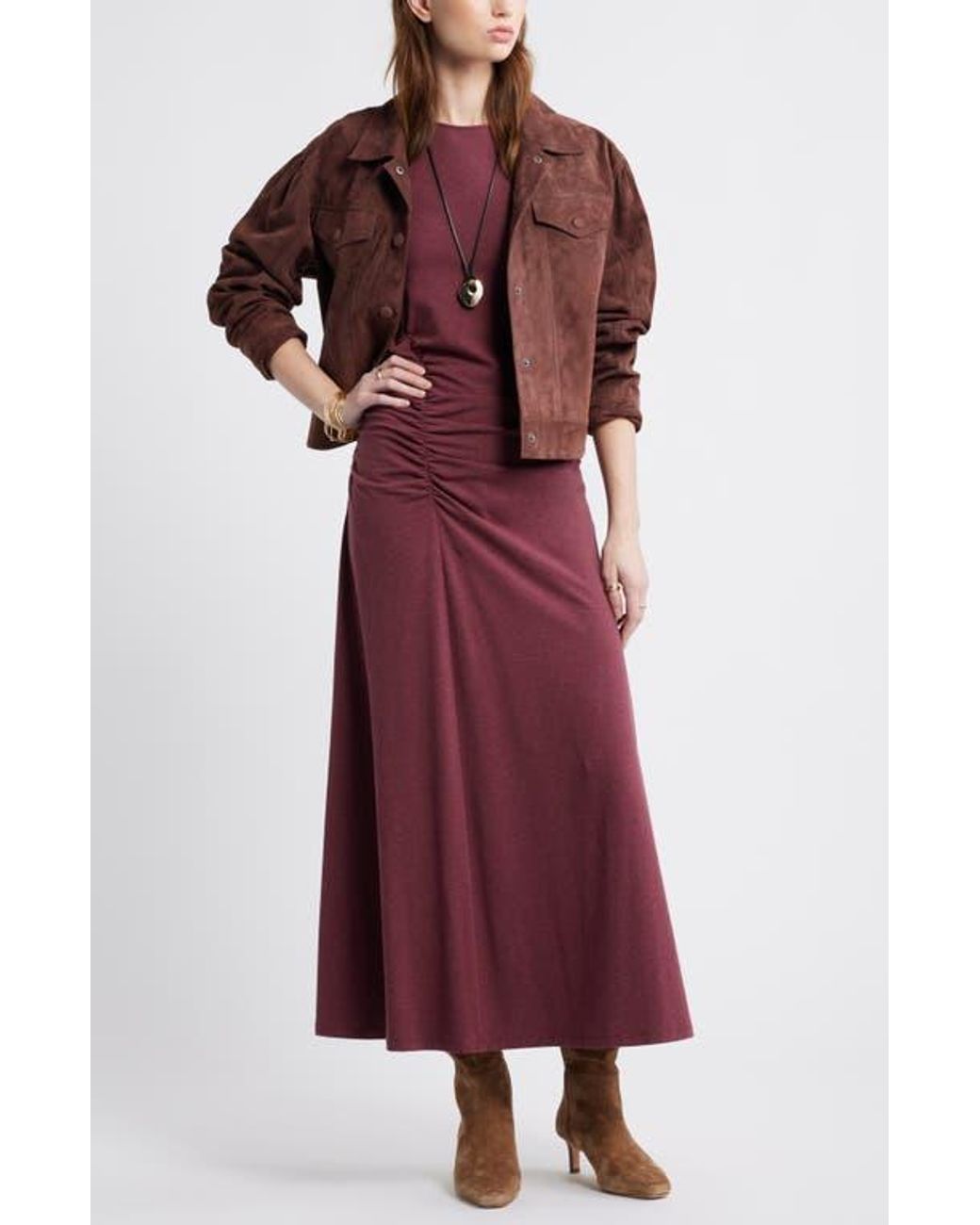treasure and bond ruched dress Treasure & Bond Side Ruched Long Sleeve Stretch Cotton Dress in Red