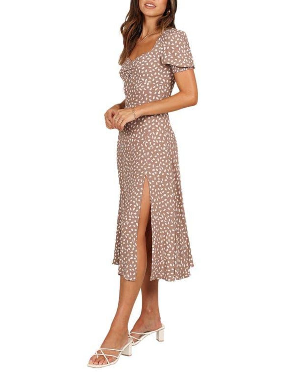 Petal & Pup Franklin Print Puff Sleeve Midi Dress in Brown | Lyst